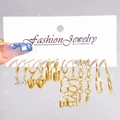Set van 6 paar goudkleurige geometrische C-oorbellen met parels en kristallen - LOVE Letter en Strass Oorbellen Set (HS1484-29) / 6 paar set / Goud