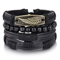 Bracciale multistrato in pelle retrò con placca a piuma in bronzo e cordino intrecciato nero - Combinazione Fascia Larga in Pelle Nera e Piastra Piuma Bronzo (HS1611-7)