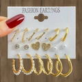 9-pair vintage gold heart and pearl earring set on fashion display card - 9 Styles Gold Rhinestone Pearl Collection (HS1589-2)