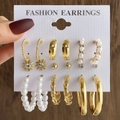 Set of six pairs of gold earrings with pearls, daisy charms, and textured hoops - 6 Styles Gold Daisy Pearl Collection (HS1589-4)