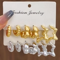 6-pair set of chunky gold and silver twisted hoop earrings on jewelry display card - 6 Pairs Gold Silver Mix Textured Organic Star Style (HS1580-8)