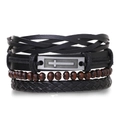 Vintage multilayer leather bracelet set with woven straps, cross charm and wood beads - Black (Cross Metal Plate)