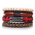 Multilayer leather wrap bracelet with wood beads and believe metal plate detail - Believe Metal Plate Style (HS1598-17)