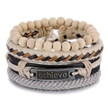 Multilayer leather bracelet set with wooden beads and achieve engraved metal plate - Achieve Engraved Plate Style (HS1598-46)
