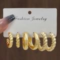 Three-pair set of gold chunky hoop earrings with smooth and twisted textures - 3 Pairs Gold Spiral Smooth Style (HS1580-13)