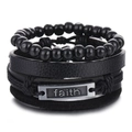 Black leather bracelet set with wooden beads and a metal plate engraved with faith - Black Faith Engraved Style (HS1598-16)