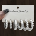 3-pair set of silver-tone hoop earrings featuring twisted and smooth texture designs - 3 Pairs Silver Twisted Smooth Style (HS1580-14)