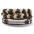 Multilayer brown leather woven bracelet with wooden beads and engraved metal quote plate - Inspiring Quote Plate Style (HS1598-37)