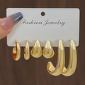 Three-pair set of chunky gold CCB earrings featuring polished teardrop and hoop designs - 3 Pairs Gold J-Shape Drop Thick Style (HS1580-15)