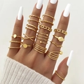 23pcs bohemian gold ring set with chain twist and geometric patterns worn by model - Gold Style (HS1546-7) / 18 Pieces Set