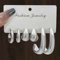 Set of 3 pairs silver-tone hoop earrings including thick loops and teardrop studs - 3 Pairs Silver Drop Hoop Style (HS1580-16)