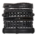 Men's multi-layer black leather beaded bracelet set with punk woven texture and beads - All Black Leather Braid Style (HS1598-21)