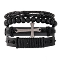 4-piece set of men's black braided bracelets featuring a metallic cross with engraving - Faith Engraved Style (HS1598-8)