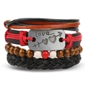 Handmade multilayer leather bracelet set with brown wood beads and Love engraving metal plate - Love Engraved Plate Style (HS1598-32)