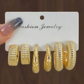 Three-pair set of chunky gold CCB hoop earrings with ribbed and twisted textures - 3 Pairs Gold Textured Spiral Ribbed Style (HS1580-19)