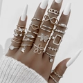 23-piece silver knuckle ring set with butterfly, star, and pearl details for layering - Silver Style (HS1546-2) / Set of 23