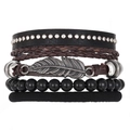 Set di bracciali vintage in pelle da uomo con piuma in metallo e perline nere - Combinazione Cintura con Borchie e Piastra a Piuma (HS1611-5)
