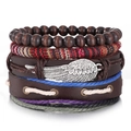 Bracciale multistrato vintage da uomo con ecopelle, perle di legno e ciondolo piuma argento - Combinazione Fascia Intrecciata Rosso Nero e Piuma Vintage (HS1611-6)