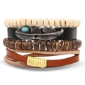 Bracciale multistrato da uomo in pelle con piuma vintage in metallo e perline di legno - Combinazione Piuma di Metallo Vintage e Filo di Seta Etnico (HS1611-9)