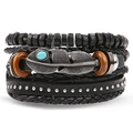 Set bracciale in pelle nera da uomo con piuma d'argento e pietra turchese stile bohémien - Combinazione Borchia in Pelle Nera e Piuma Turchese (HS1611-16)