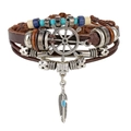 Bracciale in pelle multistrato con timone d'argento e ciondolo a piuma in stile retrò - Combinazione Timone Vintage e Ornamento in Perline Blu (HS1611-17)