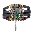 Bracciale multistrato in finta pelle vintage con ciondoli civetta e piuma nera - Combinazione Civetta in Argento Antico e Piuma Vintage (HS1611-18)