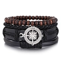 Men's retro layered bracelet set featuring black leather cords and wood beads with compass - Compass Charm Style (HS1598-6)