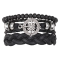 Men's multi-layer black braided leather bracelet set with silver compass charm and beads - Silver Compass Charm Style (HS1598-11)