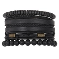 Men's stylish 6-piece stacked bracelet set in black leather and wooden beads - Black Matte Bead Multilayer Style (HS1598-12)