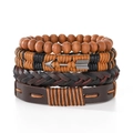 Men's 4-piece vintage bracelet set with brown wood beads and braided leather bands - Silver Arrow Charm Style (HS1598-13)