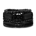 Men's 4-piece black woven leather bracelet set featuring a nautical metal rudder charm - Helm Charm Style (HS1598-15)