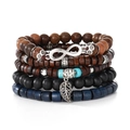 Five-piece men's braided leather and wood bead bracelet set with leaf and infinity charms - Infinity Leaf Style (HS1598-25)