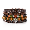 Ethnic retro men's layered wooden bead bracelet set with silver leaf and cross charm - Cross Hollow Leaf Style (HS1598-27)