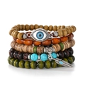 Handmade layered woven leather bracelet set with silver evil eye and feather charms - Evil Eye Feather Style (HS1598-28)