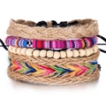 Men's 4-piece handmade woven leather and wooden bead bracelet set in vintage ethnic style - Bohemian Colorful Hemp Style (HS1598-29)