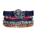 Men's multi-layer black leather bracelet set with compass charm and wooden beads - Compass Ethnic Pattern Style (HS1598-30)