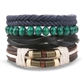 Men's bohemian six-piece braided leather bracelet set with wooden beads and navy rope - Navy Blue Wood Bead Braid (HS1598-31)