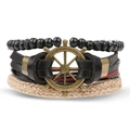 Men's multi-layer braided leather bracelet set with vintage bronze nautical helm charm - Bronze Helm Nautical Style (HS1598-36)