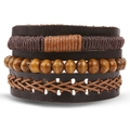 Mens vintage multilayer braided leather bracelet with dark brown wooden beads - X-Cross Braided Style (HS1598-39)