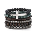 Retro Bohemian multi-layer wood bead bracelet set for men featuring a silver cross charm - Bohemian Cross Mixed Material Style (HS1759-10)