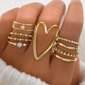 8-piece gold heart pearl ring set featuring vintage cross and crown joint rings - Artificial Pearl Rhinestone Heart 9-Piece Set (HS1981-5)