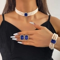 Dreireihiges Perlen-Schmuckset mit rechteckigem blauen Edelstein und Goldbeschichtung - Dunkelblauer Edelsteinstil (HS1698-4)