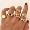 Lot de six bagues vintage dorées avec pierres de style émeraude et motifs géométriques - Ensemble de 6 pièces avec damier et style zircone (HS1680-2) / HS1680-2
