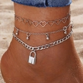 Dreilagiges silbernes Strand-Fußkettchen-Set mit Herz- und Schlossanhängern für Damen - Silber Herz Schloss Mehrschichtiges Dreiteiliges Set (HS1419-1)