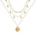 Close-up of triple-layered golden necklace with zircon charms and coin pendant - Queen Portrait Coin Zirconia Triple Layer Necklace (HS1765-2)