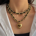 Double-layer velvet chain necklace with large gold heart pendant in vintage style - Gold Chain with Black Leather Double Layer Heart Necklace (HS1979-15)