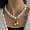 Statement oversized pearl necklace with a polished gold heart pendant for women - White Artificial Pearl Gold Heart Pendant Necklace (HS1979-4)