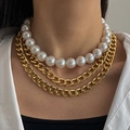 Luxurious layered gold curb chain and oversized faux pearl statement necklace for women - Gold Curb Chain Three Layer Artificial Pearl Necklace (HS1979-10)