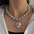 Punk style silver bead necklace with large heart pendant on professional model - Silver Single Layer Large Bead Heart Pendant Necklace (HS1979-3)