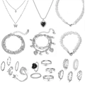 Elegant 21-piece silver jewelry set featuring layered butterfly necklaces, rings, and pearls - Full Jewelry Set (HS1806-11)